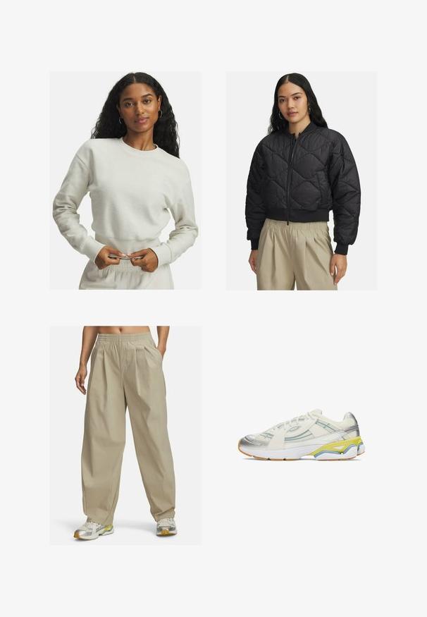Giacca bomber trapuntata nera con zip frontale, polsini e orlo a costine, caratterizzata da una texture morbida e lucida con motivo a diamante.; Felpa dalle tonalità crema, con texture, maniche e cintura a costine, dotata di un piccolo dettaglio ricamato sul petto. Vestibilità casual e rilassata.; Maglietta atletica nera a maniche corte realizzata in tessuto elasticizzato, con un collo rotondo e un design aderente, abbinata a pantaloni atletici grigi.; Pantaloni beige a gamba larga con vita elastica e pieghe frontali, realizzati in tessuto liscio. Abbinati a sneakers di colore chiaro.; Sneakers sportivi con tomaia in rete bianca e argento, accentuati da dettagli blu e gialli, e suola in gomma testurizzata.