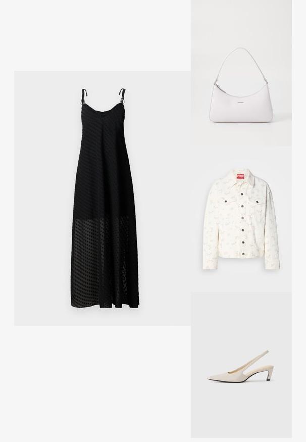 Bílá džínová bunda s malými růžovými květinovými vzory, dvěma předními kapsami a stříbrnými cvoky na zapínání. Texturovaná látka. Zkrácený střih.; Černé maxi šaty s tenkými ramínky, které mají texturovaný vzor puntíků a průhledný spodní panel. Lehká tkanina, volný střih.; Béžová kůže s nazouvacím designem a špičatou špičkou, s výřezovým vzorem, blokovým podpatkem o výšce 5 cm a hladkým povrchem. Černé podešve jako akcent.; Růžová kožená taška přes rameno s zakřiveným designem, zipovým uzávěrem a stříbrnými kovovými detaily. Minimalistické logo na přední straně.