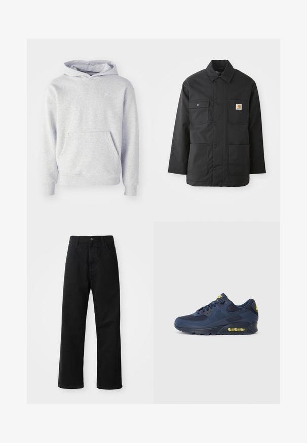 Giacca da lavoro nera realizzata in tessuto resistente, con colletto, chiusura anteriore con bottoni, due grandi tasche e una patch con logo sul petto.; Felpa con cappuccio grigia realizzata in tessuto morbido. Presenta una tasca a kangaroo, polsini a coste e un logo discreto sul petto. Design semplice.; Pantaloni in denim nero con taglio dritto, caratterizzati da tasche frontali, chiusura con zip e un singolo bottone superiore. Tessuto testurizzato con finitura opaca.; Sneakers Nike Air Max blu navy con parte superiore in suede e mesh, dotati di dettagli gialli, chiusura con lacci e ammortizzazione visibile nella suola.