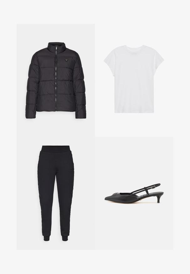 Black puffer jacket with a stand collar, quilted design, front zipper, and a small logo accent on the left chest. Smooth, lightweight material.; White short-sleeve t-shirt with a round neck, relaxed fit, made of soft cotton fabric. Smooth texture, no patterns or logos.; Guess STACIE JOGGER - Tracksuit bottoms - jet black; Black slingback shoes with a pointed toe, made of smooth material, featuring a small heel and a decorative silver accent on the vamp.