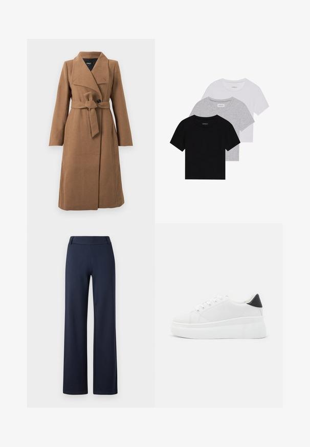 Garšs kamieļu brūns vilnas mētelis ar plašu apkakli, vienu melnu pogu un atbilstošu auduma jostu, savilkta ap vidu.; Trīs īsām piedurknēm T-krekli melnā, pelēkā un baltā krāsā. Izgatavoti no kokvilnas, ar apaļu kakla izgriezumu un vienkāršu, viendabīgu krāsas dizainu.; Tumši zilas platas kājas bikses, izgatavotas no mīksta, stiepjama materiāla. Ar plakanu jostu un gludu tekstūru; nav saskatāmu rakstu vai detaļu.; Baltas platforma kedas, izgatavotas no gludas sintētiskas vielas, ar noapaļotu purngalu, saites dizainu un teksturētu gumijas zoli. Melna papēža akcenta detaļa.