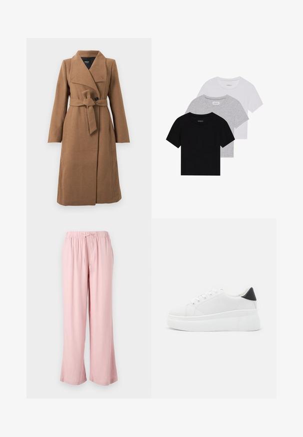 Garšs kamieļu brūns vilnas mētelis ar plašu apkakli, vienu melnu pogu un atbilstošu auduma jostu, savilkta ap vidu.; Trīs īsām piedurknēm T-krekli melnā, pelēkā un baltā krāsā. Izgatavoti no kokvilnas, ar apaļu kakla izgriezumu un vienkāršu, viendabīgu krāsas dizainu.; Gaiši rozā platae piedurkne bikses, kas izgatavotas no mīksta auduma, ar elastīgu jostu un saišu. Dizains ir brīvs un ar taisnām kājām.; Baltas platforma kedas, izgatavotas no gludas sintētiskas vielas, ar noapaļotu purngalu, saites dizainu un teksturētu gumijas zoli. Melna papēža akcenta detaļa.