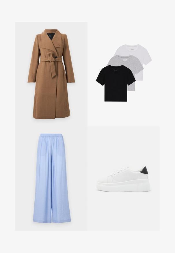 Long manteau en laine couleur camel avec un large col, un seul bouton noir et une ceinture en tissu assorti nouée à la taille.; Ensemble de trois t-shirts à manches courtes en noir, gris et blanc. Fabriqués en coton, avec un col rond et un design simple de couleur unie.; Pantalons larges bleu clair en tissu texturé, avec une taille élastique et deux poches latérales.; Baskets plates blanches en matériau synthétique lisse, avec un bout arrondi, un design à lacets et une semelle en caoutchouc texturé. Accent de talon noir.
