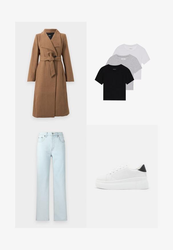 Dolga kameljo rjava volnena bunda z širokim ovratnikom, enim črnim gumbom in pasom iz usklajenega materiala, zvezanim okoli pasu.; Komplet treh majic s kratkimi rokavi v črni, sivi in beli barvi. Izdelane iz bombaža, z okroglim izrezom in preprostim, enobarvnim dizajnom.; Svetlo modri kavbojke z ravno nogo, ki imajo pet žepov, zanke za pas in gumbasto zapiranje v predelu pasu.; Bele platform tenisice izdelane iz gladkega sintetičnega materiala, z zaobljenim prstom, sistemom vezalk in teksturiranim gumijastim podplatom. Črn dodatek na peti.