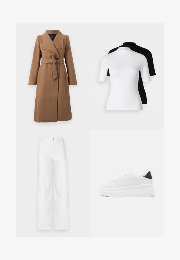 Dugi kaput od vunenog materijala smeđe boje s širokim kragnenim okovratnikom, jednim crnim dugmetom i remenom od istog materijala vezanim u struku.; Set od dvije pripijene majice s rolkragnom u bijeloj i crnoj boji. Kratki rukavi, glatka pamučna tkanina i uzan kroj. Bez uzoraka ili grafike.; Bijele široke traperice s dugim nogavicama, koje imaju prednje kopčanje na dugme, petlje za remen i četiri džepa, s čistom, glatkom teksturom.; Bijele platforme tenisice napravljene od glatkog sintetičkog materijala, s okruglim vrhom, dizajnom s vezanjem i teksturiranom gumenom potplatom. Crni detalj na peti.