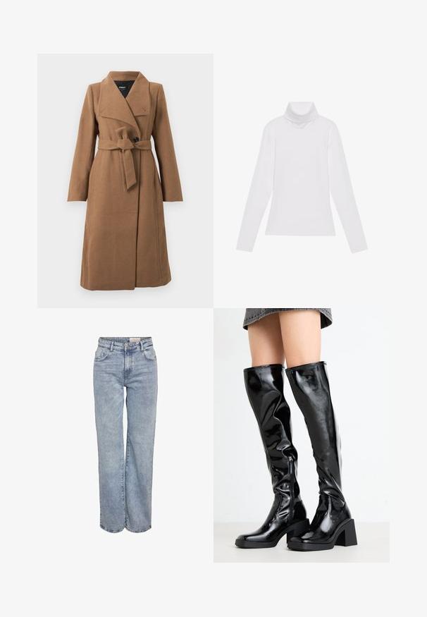 Long manteau en laine couleur camel avec un large col, un seul bouton noir et une ceinture en tissu assorti nouée à la taille.; Haut à col roulé à manches longues blanc, fabriqué en tissu lisse et extensible. Il présente un col haut et une coupe ajustée, sans motifs ni embellissements visibles.; Jeans larges bleu clair en denim, dotés d'une taille haute, d'un design à cinq poches et d'un léger dégradé pour un aspect usé.; Bottes noires, brillantes, montantes jusqu'aux genoux, avec un bout carré et un talon épais. Présentent une fermeture éclair latérale et un design ajusté en texture.
