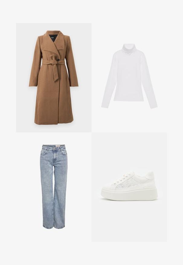 Pikk kamelipruun villane kü branco, laia kraega, üks must nupp ja sellele vastav kangast vöö, mis on kinni seotud puusa ümber.; Valge pikkade varrukate turtleneck-särk, mis on valmistatud siledast ja venivast kangast. Omab kõrget kraed ja keha lähedast lõiget, ilma nähtavate mustrite või kaunistusteta.; Heledad sinine laia jalaeest, valmistatud denimist, kõrge vöökohaga, viie tasku disainiga ja kerge tuhmumisega, mis annab kulunud välimuse.; Valged sneekerid, millel on paelte detailid, kummist platvormi tald, ümar varvas ja kuus augurida paelte jaoks. Sile tekstuur lillemustriga aktsentidega.