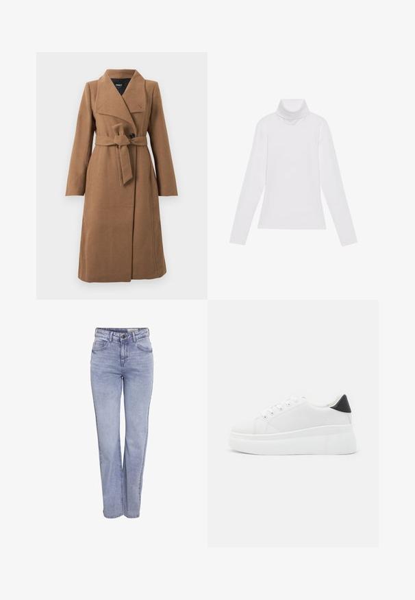 Dolga kameljo rjava volnena bunda z širokim ovratnikom, enim črnim gumbom in pasom iz usklajenega materiala, zvezanim okoli pasu.; Bela dolga majica s turtleneck ovratnikom, izdelana iz gladke, raztegljive tkanine. Ima visok ovratnik in prilega telesu, brez vidnih vzorcev ali okrasitev.; Svijetloplave traperice ravnog kroja, izrađene od denima, s kopčanjem na dugme, pet džepova i suptilnim izbljeđivanjem sprijeda i straga.; Bele platform tenisice izdelane iz gladkega sintetičnega materiala, z zaobljenim prstom, sistemom vezalk in teksturiranim gumijastim podplatom. Črn dodatek na peti.