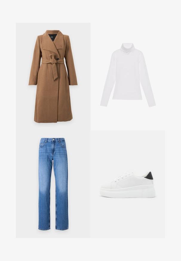Casaco de lã camelo longo, com colarinho largo, um único botão preto e cinto de tecido a condizer amarrado na cintura.; Camisola de gola alta de mangas longas, feita de um tecido liso e elástico. Apresenta um colarinho alto e um design ajustado, sem padrões ou adornos visíveis.; Calças de ganga de um azul claro com uma cintura alta, design de perna reta e áreas desbotadas. Apresenta bolsos frontais padrão e fecho com botão.; Tênis plataforma brancos feitos de material sintético suave, apresentando ponta arredondada, design com cadarços e sola de borracha texturizada. Acento preto no calcanhar.