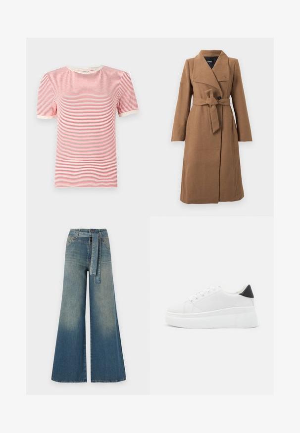 Pikk kamelipruun villane kü branco, laia kraega, üks must nupp ja sellele vastav kangast vöö, mis on kinni seotud puusa ümber.; Punane ja valge triibuline T-särk, lühikesed varrukad, ümmargune kaelus, puuvilla segu materjal, kerge tekstuur, kontrastsetest soonikservadest.; Laiad denimpüksid, millel on hele tume sinine gradiendiefekt, kõrge vöökoht, vöökumlid ja sobivast kangast vöö. Struktureeritud denimi viimistlus.; Valged platvormsneakerid, mis on valmistatud siledast sünteetilisest materjalist, ovaalse toe, paelkinnise disaini ja tekstuurse kummitaldiga. Must kontsrihm.