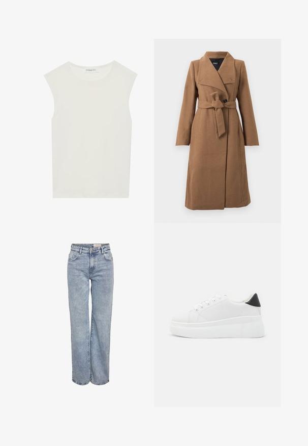 Lang camelbruin wollen jas met brede kraag, enkele zwarte knoop en een bijpassende stoffen riem die op de taille is geknoopt.; Witte mouwloze top met een ronde halslijn. Gemaakt van gladde stof, het heeft een losse pasvorm en een minimalistisch ontwerp. Geen patronen of accenten.; Lichtblauwe wijde jeans gemaakt van denim, met een hoge taille, vijf zakken en subtiele vervaging voor een versleten uitstraling.; Witte platform sneakers van glad synthetisch materiaal, met een afgeronde neus, vetersluiting en een gestructureerde rubberen zool. Zwarte hielaccent.