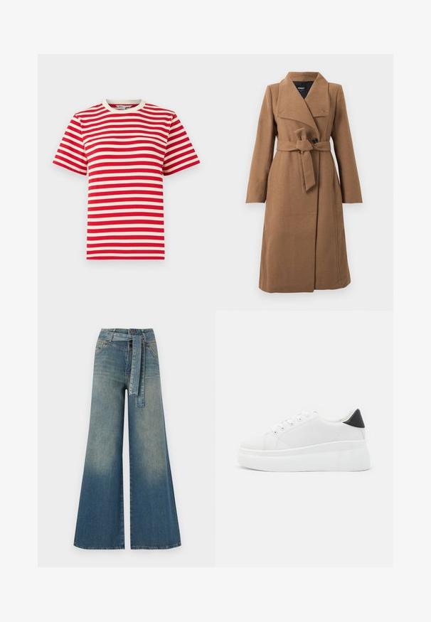 Dlouhý valašský hnědý vlněný kabát s širokým límcem, jediným černým knoflíkem a odpovídajícím látkovým páskem uvázaným v pase.; Červeno-bílý pruhovaný tričko s kulatým výstřihem a krátkými rukávy. Je vyrobeno z bavlny a má pásy stejné šířky.; Džínové kalhoty širokého střihu s přechodem od světlé k tmavě modré, vysokým pasem, poutky na opasek a odpovídajícím opaskem ze stejného materiálu. Texturovaná džínovina.; Bílé platformové tenisky vyrobené z hladkého syntetického materiálu, s kulatou špičkou, šněrováním a texturovanou gumovou podrážkou. Černý akcent na patě.