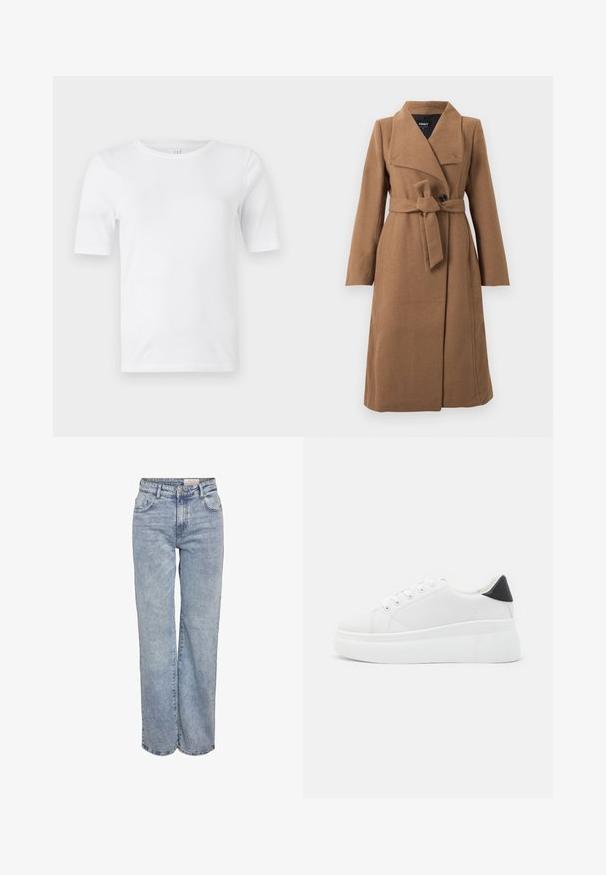 Dolga kameljo rjava volnena bunda z širokim ovratnikom, enim črnim gumbom in pasom iz usklajenega materiala, zvezanim okoli pasu.; Bela bombažna majica s kratkimi rokavi in okroglim ovratnikom. Gladka tekstura, reden kroj. Brez vzorcev ali dodatkov.; Svjetloplave široke traperice od denima, sa visokim strukom, dizajnom s pet džepova i suptilnim blijeđenjem za izgled nakon nošenja.; Bele platform tenisice izdelane iz gladkega sintetičnega materiala, z zaobljenim prstom, sistemom vezalk in teksturiranim gumijastim podplatom. Črn dodatek na peti.