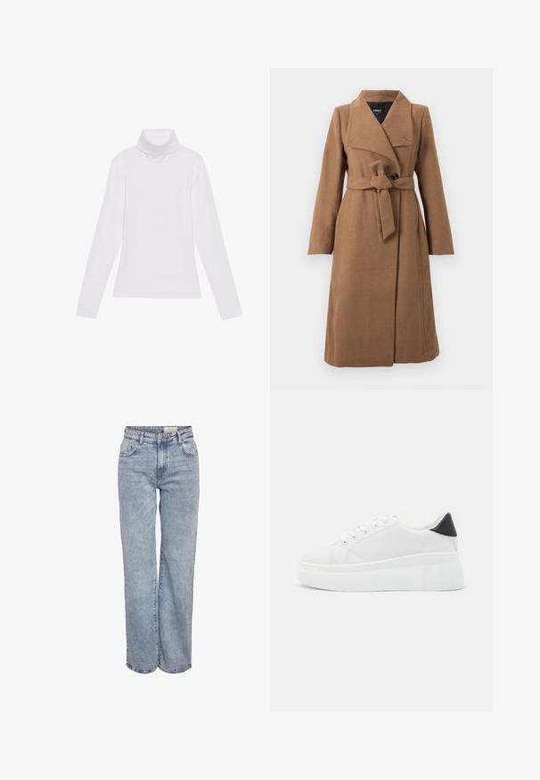 Długi camelowy płaszcz wełniany w kolorze brązowym z szerokim kołnierzem, pojedynczym czarnym guzikem i pasującym materiałowym paskiem zawiązanym w talii.; Biała bluzka z długim rękawem i golfem, wykonana z gładkiego, elastycznego materiału. Posiada wysoki kołnierz i dopasowany krój, bez widocznych wzorów czy zdobień.; Jasnoniebieskie dżinsy z szerokimi nogawkami, wykonane z denimu, z wysokim stanem, pięciowgzianą konstrukcją i subtelnym wyblaknięciem, dającym wrażenie noszonych.; Białe sneakersy na platformie wykonane z gładkiego materiału syntetycznego, z zaokrąglonym noskiem, sznurowanym zapięciem i teksturowaną gumową podeszwą. Czarne akcenty na pięcie.
