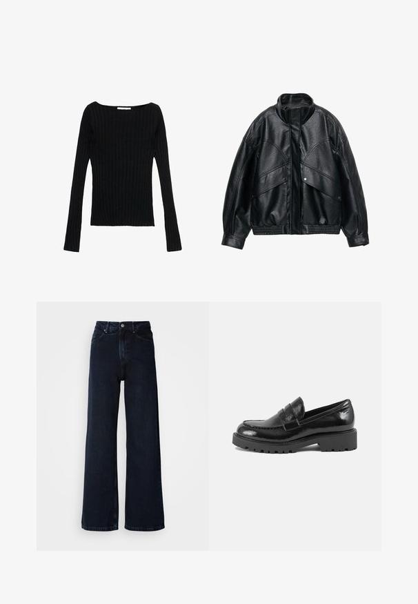 Giacca nera in similpelle con colletto alto, vestibilità over-size e vita a coste. Presenta ampie tasche a patta e una superficie texturizzata.; Top lungo nero a maniche lunghe con scollo quadrato, vestibilità slim e tessuto texture. Ideale per abbinamenti a strati o per l'abbigliamento casual.; Jeans a gamba larga blu scuro con vita alta, chiusura con bottone, tasche anteriori e una texture di denim liscia.; Mocassino in vernice nera con punta strutturata, fascia decorativa sulla tomaia e suola spessa e robusta. Finitura liscia e lucida.