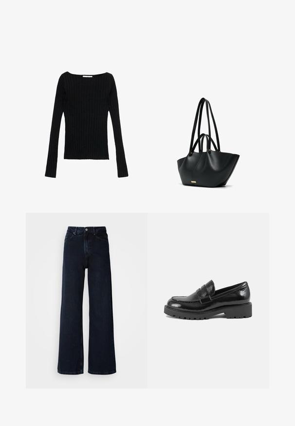 Černá faux kožená bunda s vysokým límcem, oversized střihem a žebrovaným pasem. Obsahuje velké kapsy s klopami a texturovaný povrch.; Černý dlouhý rukáv žebrovaný top s čtvercovým výstřihem, úzkým střihem a strukturovanou tkaninou. Ideální na vrstvení nebo na neformální nošení.; Tmavě modré kalhoty s širokými nohavicemi, vysokým pasem, zapínáním na knoflík, předními kapsami a hladkým denimovým povrchem.; Černé lakované mokasíny se strukturovanou špičkou, dekorativním páskem přes nárt a silnou, robustní podrážkou. Hladký, lesklý povrch.; Černá kožená taška přes rameno s dvěma dlouhými popruhy na rameno a dvěma kratšími ušima, trapezoidní tvar, zlatý značkový štítek na přední straně.