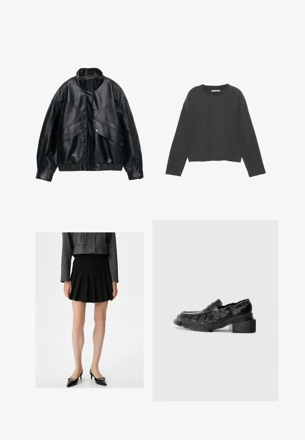 Czarna kurtka z sztucznej skóry z wysokim kołnierzem, w luźnym kroju i ribbowanym paskiem w talii. Posiada duże kieszenie na klapki oraz teksturowaną powierzchnię.; Czarny krótki, długi rękaw t-shirt z miękkiego bawełnianego materiału. Posiada okrągły dekolt oraz widoczne szwy wzdłuż krawędzi.; Czarna plisowana spódnica o gładkiej teksturze. W połączeniu z krótką, szaro-teksturalną kurtką i czarnymi szpilkami o spiczastym nosku. Prosty, klasyczny design.; Czarne skórzane mokasyny z usztywnioną podeszwą, z lekko podniesionym obcasem w kształcie bloku i teksturowanym wierzchem, zapinane na przedni pasek.