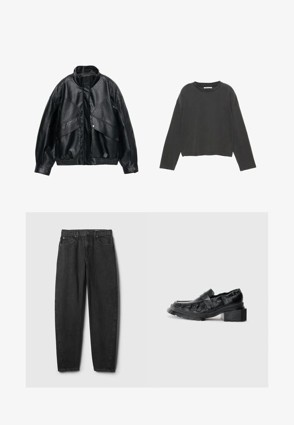 Jachetă din piele ecologică neagră, cu guler înalt, croială supradimensionată și talie cu nervuri. Include buzunare mari cu clapă și suprafață texturată.; Tricou negru scurt cu mânecă lungă din material de bumbac moale. Prezintă un guler rotund și cusături vizibile de-a lungul cusăturilor.; Blugi negri din denim cu croială dreaptă, având cinci buzunare, închidere cu nasturi și detalii minime de cusături. Design și textură clasică.; Mocasini negri din piele cu talpă structurată, având un toc bloc ușor ridicat și uniorizont superior texturat, asigurate de o curea frontală.