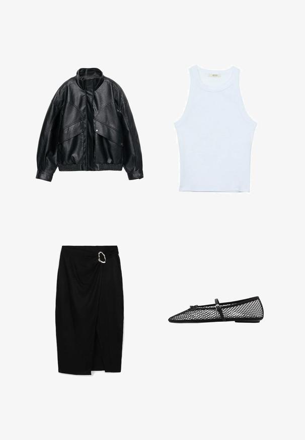 Schwarze Kunstlederjacke mit hohem Kragen, oversized Passform und geripptem Saum. Mit großen Klappen-Taschen und strukturierten Oberflächen.; Weißes Tanktop, gerippte Textur, runder Ausschnitt, ärmelloses Design, enganliegende Form, dezente Markenkennzeichnung im Etikett im Kragenbereich.; Schwarzer Wickelrock aus strukturiertem Stoff. Verfügt über ein drapiertes Design und eine dekorative silberne Schnalle an der Taille. Mittellanger Stil.; Schwarze Netz-Balletflats mit spitz zulaufender Zehenpartie, dekorativem Riemen und dezentem Akzent. Sie verfügen über ein offenes Netzdesign und eine flache Sohle.
