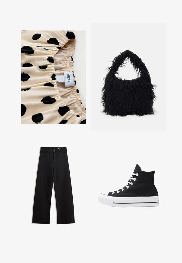Plejede i leopardmønster, mellemlang, med en knapkrave, skjult knaplukning og blød tekstureret overflade i brune nuancer.; Hvid, sweater med lynlås ved halsen og lange ærmer. Lavet af et blødt strikmateriale, med ribbede manchetter og kant. Diskret mærke-logo ved kanten.; Cremefarvet stof med sorte prikker, prydet med sammensyning. Mærket læser "NEXT." Fokus på printmønster og elastiske samling detaljer.; Sorte wide-leg denim bukser med høj talje, der har front- og baglommer, syede sømme og en knaplukning. Glat tekstur.; Højtop sort lærredssko med hvide øjetter, snørebånd og gummisål. Har en tekstureret tåhætte og sorte og hvide stribe-accenter.; Even&Odd Shopping bags - black
