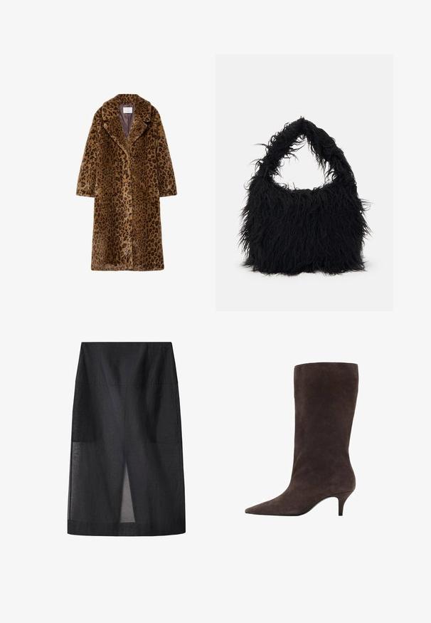 Cappotto in pelliccia sintetica con fantasia leopardata, di lunghezza media, con colletto a scollo, chiusura a bottoni nascosta e superficie esterna morbida e testurizzata in tonalità di marrone.; Maglione bianco con collo zip e maniche lunghe. Realizzato in un morbido tessuto a maglia, presenta polsini e orlo ribattuti. Logo del brand discreto sull'orlo.; Gonna midi nera con una texture liscia, vita alta e dettaglio con spacco frontale. Design semplice e privo di decorazioni con una silhouette dritta.; Stivale in suede marrone, con punta affusolata e tacco medio, caratterizzato da una texture liscia e un design elegante.; Even&Odd Shopping bag - black