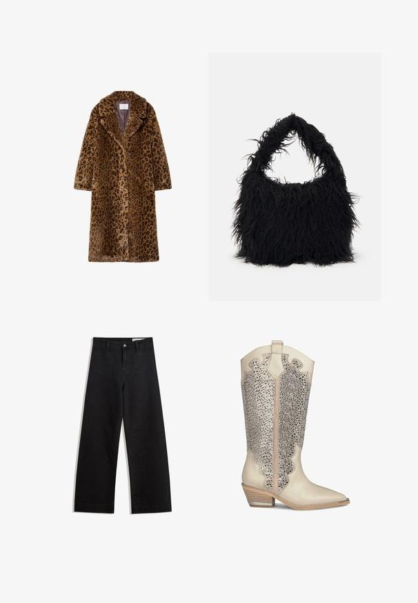 Cappotto in pelliccia sintetica con fantasia leopardata, di lunghezza media, con colletto a scollo, chiusura a bottoni nascosta e superficie esterna morbida e testurizzata in tonalità di marrone.; Maglione bianco con collo zip e maniche lunghe. Realizzato in un morbido tessuto a maglia, presenta polsini e orlo ribattuti. Logo del brand discreto sull'orlo.; Pantaloni in denim neri a gamba larga con vita alta, dotati di tasche anteriori e posteriori, cuciture a punto, e chiusura con bottone. Texture liscia.; Stivali da cowboy beige con punta affusolata, decorati con strass argento e dettagli ondulati sulla parte superiore; tacco in legno impilato.; Even&Odd Shopping bag - black