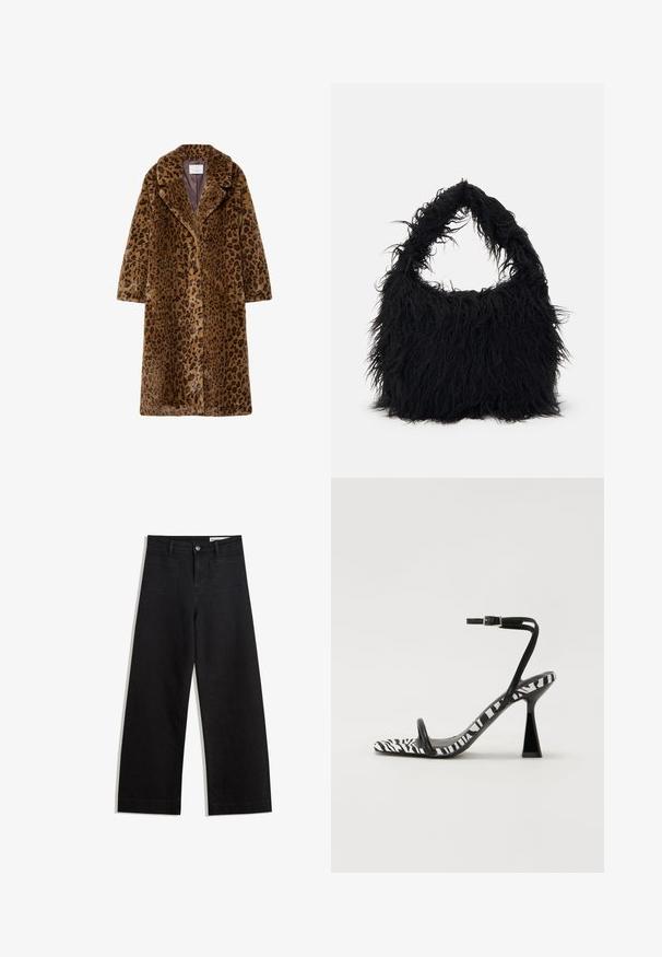 Kabát z umělé kožešiny s leopardím vzorem, střední délky, s klopovým límcem, skrytým zapínáním na knoflíky a měkkým texturovaným povrchem v hnědých odstínech.; Bílý svetr na zip s dlouhými rukávy. Vyroben z měkkého pleteného materiálu, s ribbinovými manžetami a lemem. Diskrétní logo značky na lemu.; Černé denimové kalhoty s volným střihem a vysokým pasem, vybavené předními a zadními kapsami, prošívanými švy a knoflíkovým zapínáním. Hladká textura.; Černobílé zebra vzorované sandály na vysokém podpatku s otevřenou špičkou, štíhlým kotníkovým páskem a geometrickým blokovým podpatkem. Hladký povrch.; Even&Odd Velká kabelka - black