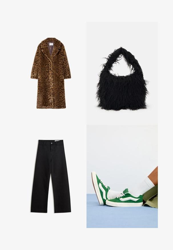 Leopardi-kuosiset tekokarvakuoret, puolipitkiä, joissa on lovettu kaulus, piilotettu nappitulppa ja pehmeä tekstuuri ruskeissa sävyissä.; Valkoinen, vetoketjukauluksellinen neulepaita pitkillä hihoilla. Valmistettu pehmeästä neulemateriaaleista, jossa on ribattu hihansuu ja helma. Huomaamaton brändilogo helmassa.; Mustat leveät farkut korkealla vyötäröllä, joissa on etu- ja takataskut, ommellut saumat ja nappisuljenta. Silkinoinen rakenne.; Vihreät alennuslenkkarit valkoisilla aksenteilla, tekstuurilankojen vaaleanpunaisilla yksityiskohdilla ja vaaleanruskealla kumipohjalla, käytettynä valkoisten sukkien ja vihreiden shortsien kanssa.; Even&Odd Shopping bag - black