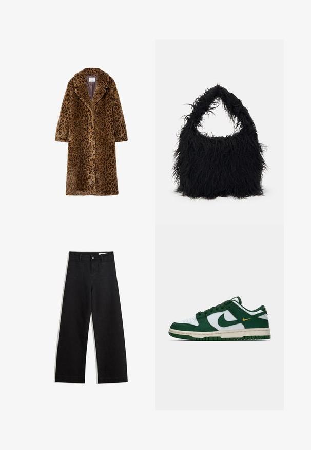 Płaszczyk z futra sztucznego w wzór panterki, o długości midi, z kołnierzem wykładanym, niewidocznym zapięciem na guziki oraz miękką, teksturowaną powierzchnią w odcieniach brązu.; Biały sweter z długim rękawem i zamkiem na szyi. Wykonany z miękkiego materiału dzianinowego, z prążkowanymi mankietami i dołem. Dyskretny logo marki na dolnej krawędzi.; Czarne dżinsowe spodnie o szerokich nogawkach i wysokim stanie, z przednimi i tylnymi kieszeniami, przeszyciami oraz zapięciem na guziki. Gładka struktura.; Niskie sneakersy Nike w białym i ciemnozielonym zamszu z dopasowanym zielonym logo w kształcie pioruna i małym akcentem w żółtym kolorze po boku.; Even&Odd - Torba na zakupy