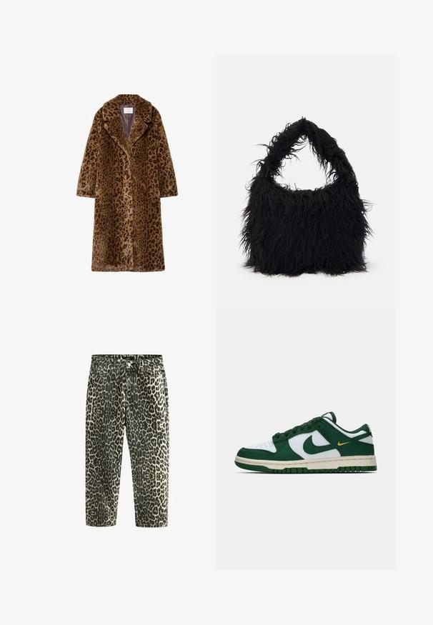 Kaput s leopard uzorkom od umjetnog krzna, srednje dužine, s izrezanim ovratnikom, skrivenim kopčanjem na dugmadi i mekim teksturiranim vanjskim dijelom u smeškastim tonovima.; Bijela dukserica s patentnim zatvaračem i dugim rukavima. Izrađena od mekog pletenog materijala, s rebrastim manžetama i rubom. Diskretni brend logo na rubu.; Traperice s leopard uzorkom visokog struka i ravnim nogavicama, s tamnim i svijetlim bež uzorcima, pet džepova i metalnim hardverom.; Niske Nike tenisice u bijeloj i tamnozelenoj antilop koži s odgovarajućim zelenim swooshom i malim žutim swoosh akcentom sa strane.; Even&Odd Velika torba - black