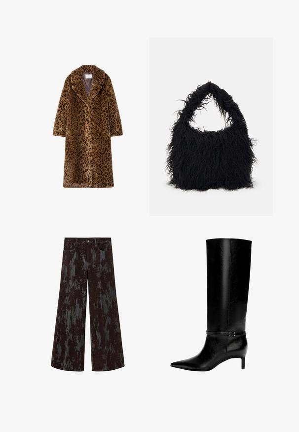 Plejede i leopardmønster, mellemlang, med en knapkrave, skjult knaplukning og blød tekstureret overflade i brune nuancer.; Hvid, sweater med lynlås ved halsen og lange ærmer. Lavet af et blødt strikmateriale, med ribbede manchetter og kant. Diskret mærke-logo ved kanten.; Bredde bukser med sort og mørkegrå marmorering, med frontlommer og knaplukning ved taljen.; Sort læderknæhøj støvle med spids tå og en lille hæl. Har en smal rem med en metallisk spænde omkring anklen. Glat overflade.; Even&Odd Shopping bags - black