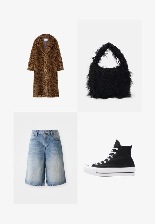 Leopardi-kuosiset tekokarvakuoret, puolipitkiä, joissa on lovettu kaulus, piilotettu nappitulppa ja pehmeä tekstuuri ruskeissa sävyissä.; Valkoinen, vetoketjukauluksellinen neulepaita pitkillä hihoilla. Valmistettu pehmeästä neulemateriaaleista, jossa on ribattu hihansuu ja helma. Huomaamaton brändilogo helmassa.; Vaaleansiniset farkkushortsit rentoa istuvuutta, joissa on vetskari- ja nappisuljenta, viisi taskua ja repaleinen helma.; Korkean ylösulkeutuvan mustan kankaan lenkkitossun, jossa on valkoiset rei'itykset, nauhat ja kumipohja. Sisältää teksturoituneen kärkitilan ja musta-valkoiset raidat.; Even&Odd Shopping bag - black