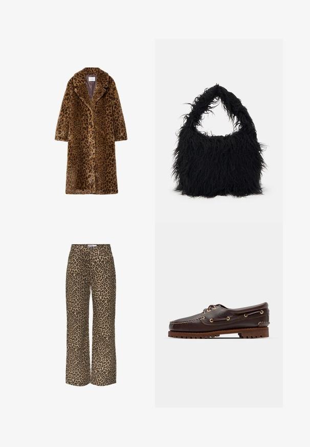 Leopardi-kuosiset tekokarvakuoret, puolipitkiä, joissa on lovettu kaulus, piilotettu nappitulppa ja pehmeä tekstuuri ruskeissa sävyissä.; Valkoinen, vetoketjukauluksellinen neulepaita pitkillä hihoilla. Valmistettu pehmeästä neulemateriaaleista, jossa on ribattu hihansuu ja helma. Huomaamaton brändilogo helmassa.; Leopardikuosiset leveät housut beige ja musta värimaailmassa, joissa on klassinen vyötärö ja rento, väljä malli.; Ruskeaharmaat nahkaiset venesandaalit kultaisilla silmärei'illä, pyöreällä nauhalla ja teksturoidulla ruskealla kumipohjalla. Sisältää kirjontayksityiskohtia ja kohotetun logon.; Even&Odd Shopping bag - black