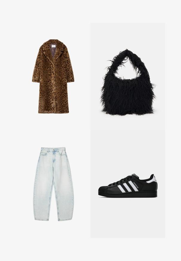 Kaput s leopard uzorkom od umjetnog krzna, srednje dužine, s izrezanim ovratnikom, skrivenim kopčanjem na dugmadi i mekim teksturiranim vanjskim dijelom u smeškastim tonovima.; Bijela dukserica s patentnim zatvaračem i dugim rukavima. Izrađena od mekog pletenog materijala, s rebrastim manžetama i rubom. Diskretni brend logo na rubu.; Svijetloplave traperice s opuštenim krojem, visokim strukom, pet džepova i suptilnim izbljeđivanjem na cijelom materijalu.; Crne Adidas Superstar tenisice s bijelim prugama, konusom na vrhu i natpisom "Superstar" sa strane, prikazane u bočnom profilu na bijeloj pozadini.; Even&Odd Velika torba - black