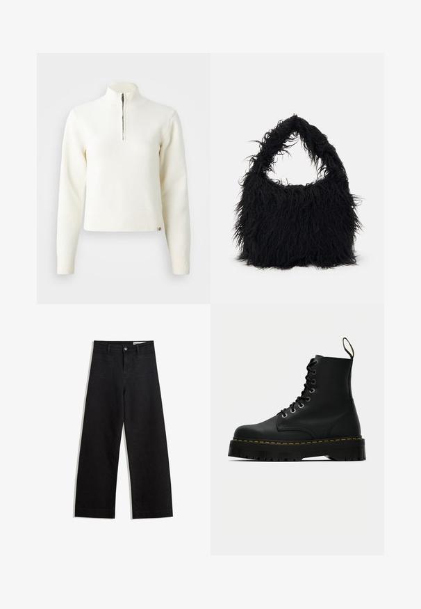 Leopard print faux fur coat, mid-length, featuring a notched collar, concealed button closure, and soft textured exterior in brown tones.; White, zip-neck sweater with long sleeves. Made from a soft knit material, featuring ribbed cuffs and hem. Subtle brand logo at the hem.; Black wide-leg denim pants with a high waist, featuring front and back pockets, stitched seams, and a button closure. Smooth texture.; Black leather lace-up ankle boots with a chunky textured rubber sole and yellow stitching detail around the platform.; Even&Odd Tote bag - black