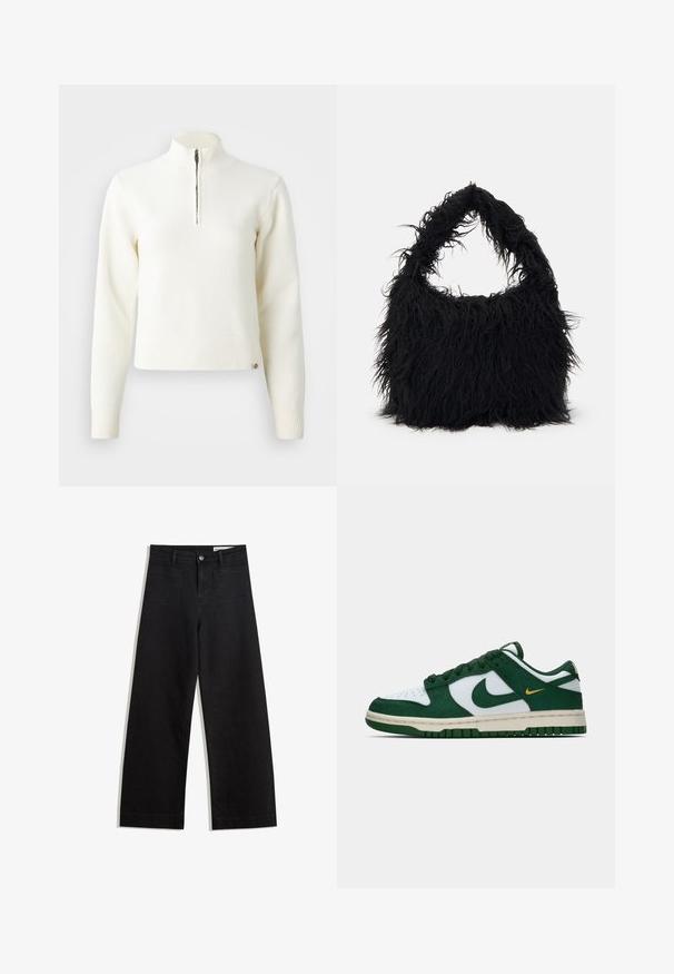 Płaszczyk z futra sztucznego w wzór panterki, o długości midi, z kołnierzem wykładanym, niewidocznym zapięciem na guziki oraz miękką, teksturowaną powierzchnią w odcieniach brązu.; Biały sweter z długim rękawem i zamkiem na szyi. Wykonany z miękkiego materiału dzianinowego, z prążkowanymi mankietami i dołem. Dyskretny logo marki na dolnej krawędzi.; Czarne dżinsowe spodnie o szerokich nogawkach i wysokim stanie, z przednimi i tylnymi kieszeniami, przeszyciami oraz zapięciem na guziki. Gładka struktura.; Niskie sneakersy Nike w białym i ciemnozielonym zamszu z dopasowanym zielonym logo w kształcie pioruna i małym akcentem w żółtym kolorze po boku.; Even&Odd - Torba na zakupy