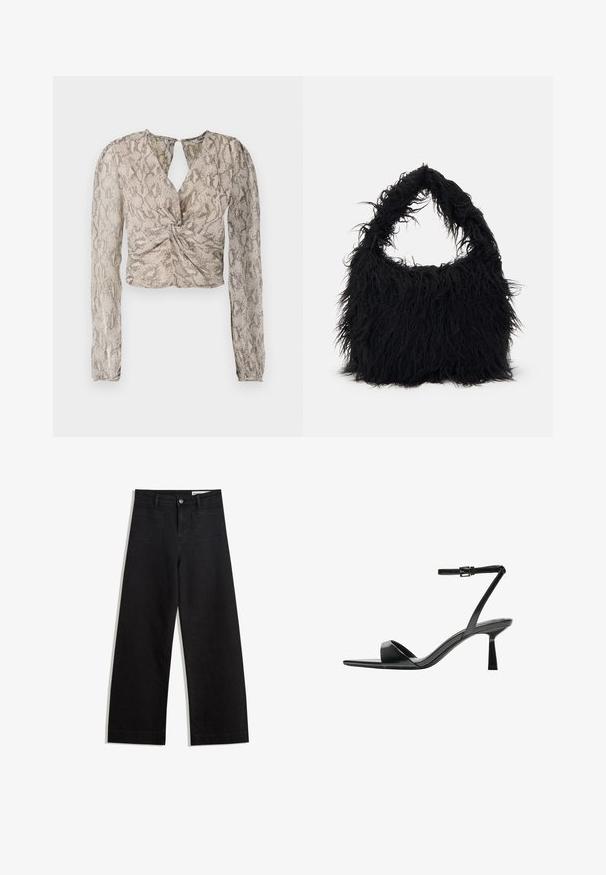 Kaput s leopard uzorkom od umjetnog krzna, srednje dužine, s izrezanim ovratnikom, skrivenim kopčanjem na dugmadi i mekim teksturiranim vanjskim dijelom u smeškastim tonovima.; Kratka bluza s dugim rukavima, sa zavijenim prednjim dijelom, uzorkom zmijske kože u bež i sivoj boji, te dekolteom u obliku ključa.; Crne široke traperice s visokim strukom, s prednjim i stražnjim džepovima, šivenim šavovima i kopčanjem na gumb. Glatka tekstura.; Bershka Sandale s visokom petom - black; Even&Odd Velika torba - black