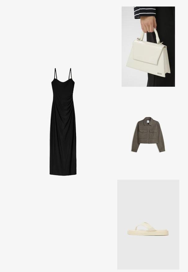 Taillierte, olivgrüne Wolljacke mit Kragen, Frontreißverschluss und zwei Brusttaschen mit Druckknopfverschluss. Glatte Textur und figurbetonte Passform.; Schwarzes Midi-Kleid mit dünnen verstellbaren Trägern, das ein drapiertes Design und eine glatte Textur aufweist. Keine sichtbaren Muster oder Verzierungen.; Flache Flip-Flops in hellem Gelb. Hergestellt aus glattem Gummi mit zwei diagonalen Riemen und einer dicken Sohle für Komfort und Langlebigkeit.; Weiße Handtasche aus Lackleder mit strukturierter Form, einem oberen Tragegriff und einem Frontklappverschluss. Verfügt über minimalistische silberne Akzente.
