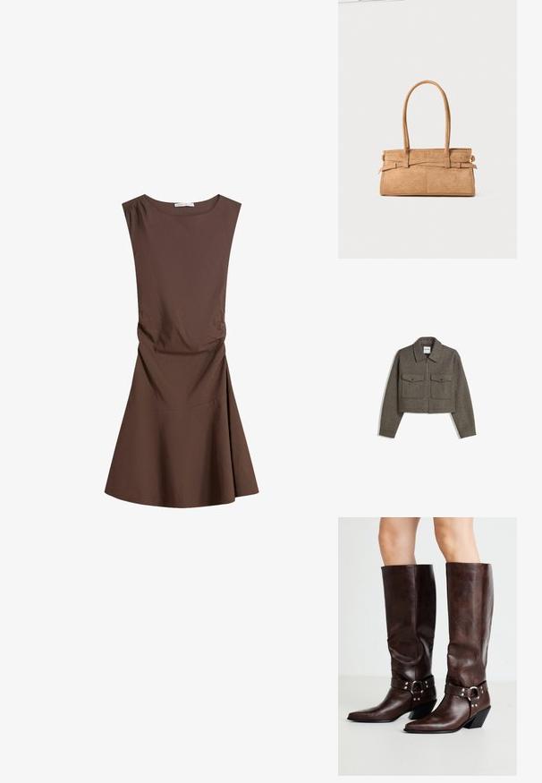 Střižená olivově zelená vlněná bunda s límečkem, předním zipem a dvěma náprsními kapsami s druky. Hladká textura a dobře padnoucí střih.; Bezramenné hnědé šaty po kolena s kulatým výstřihem a mírným bočním nařasením, široká sukně na bílém pozadí.; RAID NEVIS - Kovbojské/motorkářské kozačky - brown; Hnědá semišová kabelka s dvěma dlouhými uchy, obdélníkovým tvarem a ozdobným šitím. Obsahuje boční popruh a decentní zlaté kovové akcenty.