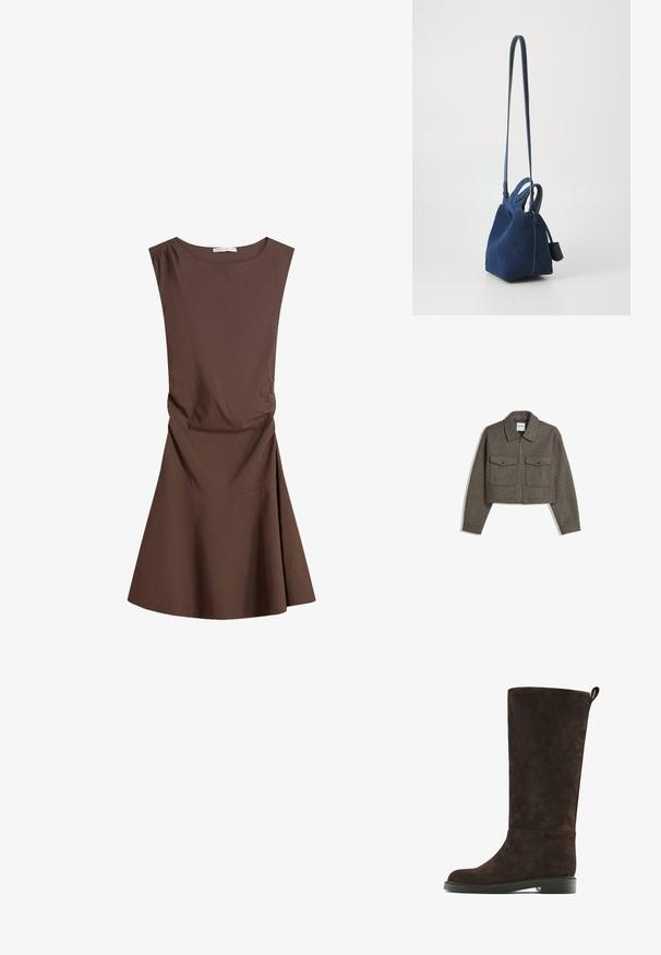 Cropped, olive green wool jacket with a collared neck, front zipper, and two chest pockets featuring snap closures. Smooth texture and tailored fit.; Sleeveless brown knee-length dress with round neckline and slight side ruching, flared skirt on plain white background.; Brown suede knee-high boot with a rounded toe, flat sole, and a small heel. Features a back pull tab for easy wear.; Navy suede handbag with a structured shape, dual top handles, and a long, adjustable strap. Features contrasting stitching and a side tag.