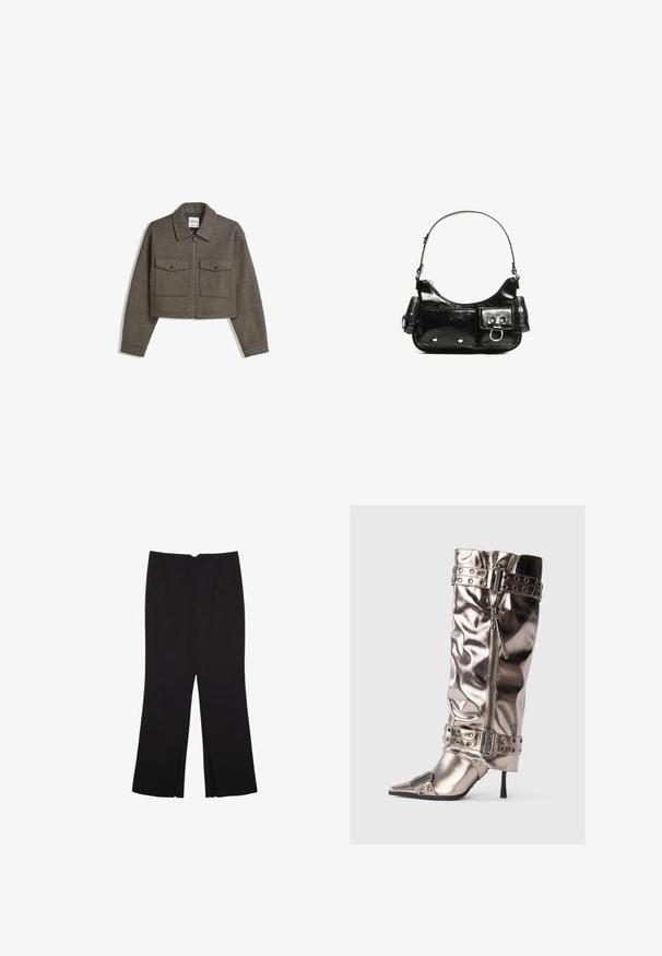 Afskåret, olivengrøn uldjakke med krave, frontlynlås og to brystlommer med trykknaplukning. Glat tekstur og skræddersyet pasform.; Sort kortærmet top lavet af glat stof; har en draperet halsudskæring og en asymmetrisk kant, med en tætsiddende pasform.; Sorte bukser med lige pasform, der har frontlommer og slidser i kanten. Lavet af blødt, glat stof. Velegnet til forskellige anledninger.; Metallisk knæhøj støvle med en slank stiletto hæl, spids tå, lynlås lukning og nitterbuckle stropper. Har en rynket tekstur.; Sort patenteret læder håndtaske med en buet form, en skulderrem, frontlommer og hardware accenter i sølvfarve.