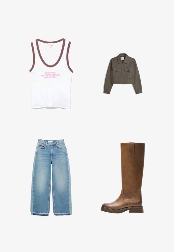 Giacca in lana verde oliva, tagliata, con collo a camicia, zip frontale e due tasche sul petto con chiusura a pressione. Texture liscia e vestibilità su misura.; Top senza maniche bianco con rifiniture marroni, decorato con testo rosa che recita "IN QUALCHE MODO FLORENTI, PER LO PIÙ IMPROVVISANDO". Materiale in cotone morbido, design semplice.; Jeans azzurri a gamba larga realizzati in denim, con vita alta, chiusura con bottone, tasche anteriori e orlo grezzo.; Stivale marrone in pelle alto fino al ginocchio, con punta tonda, superficie testurizzata e tacco basso impilato. Presenta un pannello laterale e una linguetta di apertura in cima.