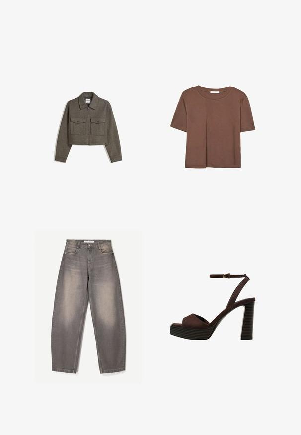 Střižená olivově zelená vlněná bunda s límečkem, předním zipem a dvěma náprsními kapsami s druky. Hladká textura a dobře padnoucí střih.; Hnědé tričko s krátkým rukávem vyrobené z měkké látky, s kulatým výstřihem a volným střihem. Bez viditelných vzorů nebo dekorací.; Široké šedé džíny vyrobené z denimu, s jemným vyblednutím, pětivreckovým designem, poutky na opasek a knoflíkovým zapínáním v pase.; Hnědé semišové sandály na vysokém podpatku s otevřenou špičkou, nastavitelným páskem kolem kotníku a proužkovou platformou.