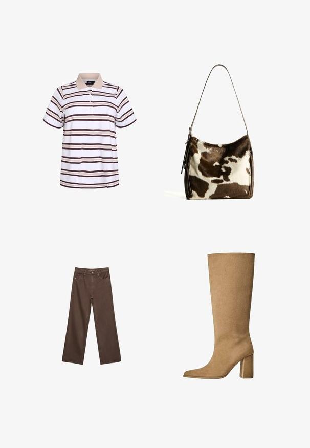 Veste en laine verte olive coupée, avec un col, fermeture éclair à l'avant et deux poches sur la poitrine avec fermetures à pression. Texture lisse et coupe ajustée.; Polo à manches courtes, en tissu blanc avec des rayures horizontales marron et beige. Col avec trois boutons.; Jean brown à jambes larges en denim, doté d'une taille haute, de poches avant et d'une fermeture à bouton classique. Texture lisse avec des coutures subtiles.; Botte en daim beige montant jusqu'au genou avec un talon carré, dotée d'un bout pointu et d'une texture lisse. Design minimaliste sans embellissements.; Sac à épaule en cuir de vachette brun et crème avec une sangle en cuir lisse, fermeture zippée et une surface douce et texturée présentant un motif naturel.