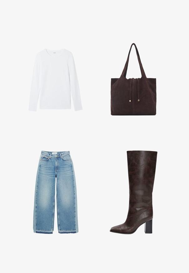 Taillierte, olivgrüne Wolljacke mit Kragen, Frontreißverschluss und zwei Brusttaschen mit Druckknopfverschluss. Glatte Textur und figurbetonte Passform.; Weißes Langarmshirt aus glattem Baumwollstoff mit rundem Halsausschnitt und ohne Muster oder Verzierungen. Klassisches, minimalistisches Design.; Helleblaue, weit geschnittene Jeans aus Denim, mit hoher Taille, Knopfverschluss, Vordertaschen und rohem Saum.; Braune Kunstleder kniehohe Stiefel mit einer spitzen Zehenform, einer strukturierten Oberfläche und einem klobigen schwarzen Absatz. Glatte Oberfläche, minimale Details.; Mango Shopping Bag - dark brown