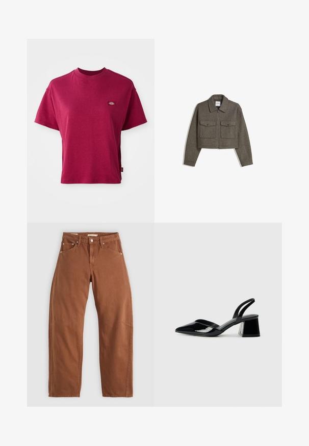Lyhennetty, oliivinvihreä villatakki, jossa on kauluspaani, etuvetoketju ja kaksi rinnanympäryksen taskua, joissa on nepparit. Sujuva pinta ja napakka istuvuus.; Slim-fit t-paita tummanpunaisena, lyhythihaisena, pyöreällä kaula-aukolla ja pienellä monivärisellä brändilogo-patchilla vasemmassa rinnassa.; Ruskon väriset suorat lahkeet, joissa on etu- ja takataskut, metalliset niitit, napitus ja vyölenkit, asetettuna tasaiseksi valkoista taustaa vasten.; Mustat patentoitu nahkakengät, joissa on säären takaosa ja terävä kärki, sekä geometrinen palikkakorko. Sisältää tyylikkään, minimalistisen muotoilun ja sileän pinnan.