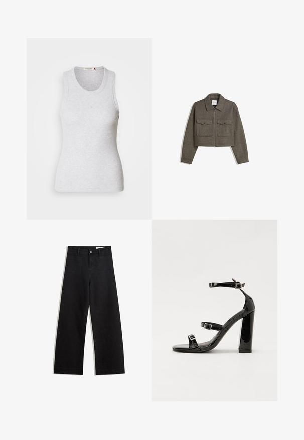 Afgekorte olijfgroene wollen jas met een kraag, een ritssluiting aan de voorkant en twee borstzakken met drukknoopsluitingen. Zachte textuur en een getailleerde pasvorm.; Lichtgrijze geribbelde tanktop met een ronde halslijn en zonder mouwen. Beschikt over een getailleerd ontwerp en een subtiele logo nabij het midden. Zachte textuur.; Zwarte denim broek met wijde pijpen en een hoge taille, voorzien van voor- en achterzakken, gestikte naden en een knoopsluiting. Gladde textuur.; Zwarte gepatenteerde sandalen met hak en een vierkante neus, enkelbandjes en zilveren gespen. Heeft een stevige blokhak voor stabiliteit.