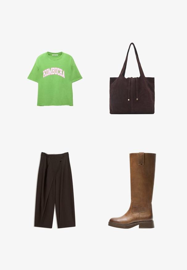 Krótkie oliwkowe wełniane kurtka z kołnierzykiem, z przodu na zamek błyskawiczny i dwiema kieszeniami na piersi z zatrzaskami. Gładka tekstura i dopasowany krój.; Zielona bawełniana koszulka w luźnym kroju, z okrągłym dekoltem i krótkimi rękawami. Na przodzie znajduje się napis "KOMBUCHA" drukowany dużymi różowymi literami.; Ciemnobrązowe szerokie spodnie o wysokim stanie, z pojedynczym zapięciem na guzik i plisowanym przodem. Wykonane z lekkiego materiału.; Brązowe skórzane wysokie buty do kolan z okrągłym noskiem, teksturowaną powierzchnią i niskim piętrem o warstwowej budowie. Posiadają boczną wstawkę oraz pętelkę na górze.; Mango - Torba na zakupy