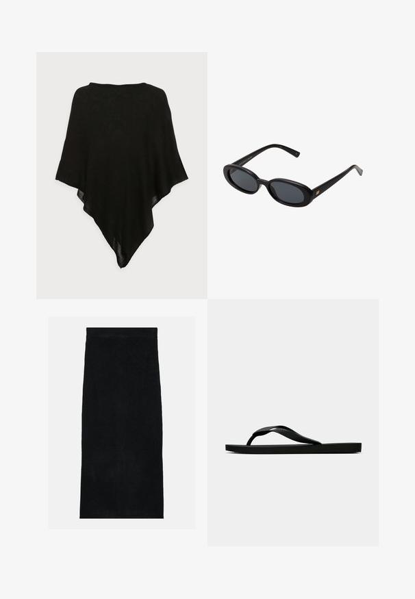 Svart sjal laget av et lett, gjennomsiktig stoff. Har en trekantet form og en jevn tekstur, med et enkelt, minimalistisk design.; Svart langermet bodysuit med høy hals, med solid stoff på torselet og gjennomsiktige mesh-ermer, designet i en tettsittende fasong.; Svart frottéhåndklædeskjørt med myk, teksturert overflate og en tettsittende livlinje. Designet er enkelt og ensartet uten mønstre eller detaljer.; Svarte gummiflip-flopsandaler med en teksturert stropp og enkel flat såle, vist fra siden på en enkel lys bakgrunn.; Svart overdimensjonerte solbriller med ovale linser, glatt plastramme og gullakenter på bøylene. Mørke linser gir solbeskyttelse.