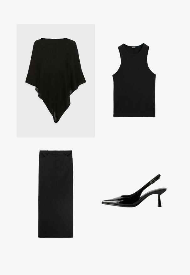 Zwarte sjaal van een lichtgewicht, doorschijnend stof. Heeft een driehoekige vorm en een gladde textuur, met een eenvoudig, minimalistisch ontwerp.; Zwart geribbelde tanktop met een ronde halslijn en brede armsgaten. Gemaakt van zachte, rekbare stof. Eenvoudig, aansluitend ontwerp.; Zwarte midi-jurk gemaakt van soepel materiaal met een rechte snit, voorzien van een tailleband en twee voorzakken. Minimalistisch ontwerp zonder patronen.; Zwarte gepatineerde leren slingback pump met een spitse neus, uitsparingen aan de zijkanten, een verstelbare enkelband en een dunne, slanke hak.